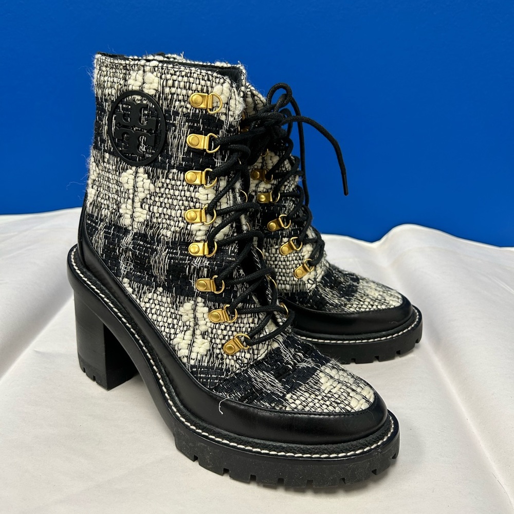 Tory Burch Black and White Tweed Lace-Up Block Heel Booties